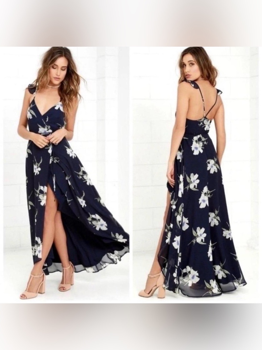 Lulu's Navy Floral Wrap Maxi Dress Size S